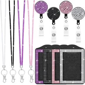 4 Set Rhinestone Bling Lanyard with ID Badge Holder Lanyard for ID Badge Diamond Crystal ID Card Holder Retractable Lanyard with Metal Clasp Key Ring for Women