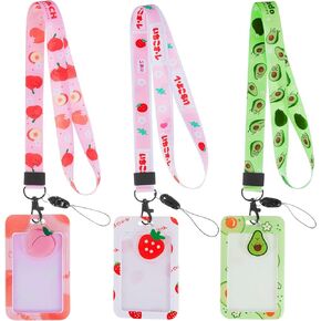3 Packs Lanyard with Cute ID Card Holder Case Detachable ID Badge Lanyards Strawberry Peach Avocado Lanyard Strap with Clip Badge Holders Neck Keychain for Kids Men and Women (Fruits)