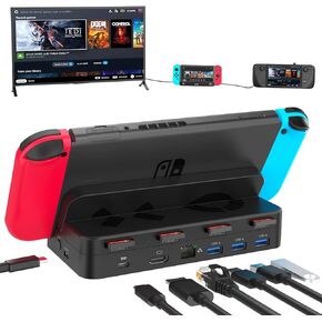 Unitek TV Dock Station for Nintendo Switch/Steam Deck 5-in-1 Docking Station Adapter One-touch Switching with 4 Game Card Storage Slot 3 USB 3.0 HDMI2.0 4K@60Hz Gigabit Ethernet PD USB-C 100W Charging