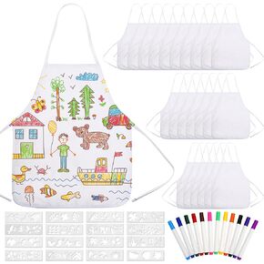 Pllieay 52 PCS DIY Kid Aprons, Toddler Apron White Aprons for Kids with Colored Pen and Journal Stencils for Painting, Kitchen, Cooking
