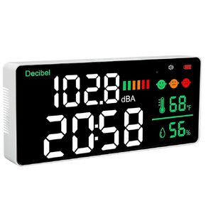 4 in 1 LED Decibel Meter, Wall Mounted Sound Level Meter 30-130dB Range 11 Inch Large LED Display, Noise + Time + Temperature + Humidity Meter for Classroom, Studio, Home, Factory
