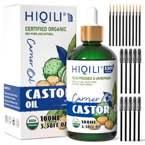 HIQILI 3.38 Fl Oz Castor Oil Cold Pressed Unrefined Glass Bottle, Hexane Free, Boost Hair Growth, Bold Eyelashes and Eyebrows - 100ML