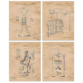 Vintage Science Lab Chemistry Patent Prints, 4 (8x10) Unframed Photos, Wall Art Decor Gifts Under 20 for Home Office College Man Cave School College Student Teacher Coach Product Engineer R&D Champion