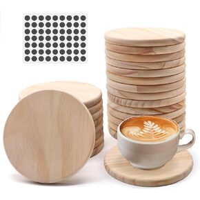 60 PCS Unfinished Round Wood Coasters, SIJDIEE 4 Inch Blank Wooden Craft Coasters with Non-Slip Foam Pad Stickers for DIY Burning Stained Painting Wood Engraving Home Decoration Supplies