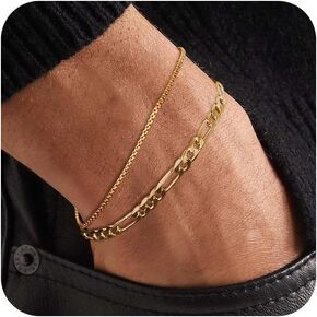 Mens Bracelet - Gold Bracelets for Men 2pcs Men's Bracelets Set with Box & Cuban Link Available in Various Lengths (6.5/7/7.5/8/8.5/9 Inch) Gold Bracelet for Men Gold Cuban Link Chain for Mens Jewelry Gift