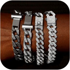 4PCS 18K Gold Silver Bracelets for men Women, Cuban Link Chain Bracelet Set for Men Women, Silver Diamond Bracelet Pack for Mens Jewelry Gift
