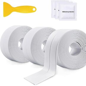 3 Rolls Caulk Tape Waterproof Self Adhesive,1.5" x 10.5Ft PVC Toilet Caulk Strips Sealing Tape for Countertop,Sink,Shower Tile,Bathtub,Bathroom,Kitchen(White）