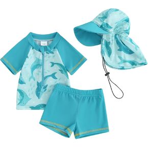 BULINGNA Kids Toddler Baby Boy Two Piece Rash Guard Swimsuit Set Shark Dolphin Bathing Suit with Hat UPF 50+ Summer Swimwear