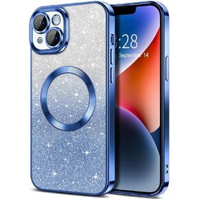Hython for iPhone 15 Plus Case Clear Magnetic Glitter Phone Cases [Compatible with MagSafe] Full Camera Lens Protector Slim Gradient Sparkle Luxury Plating Shockproof Protective Cover Women, Pink