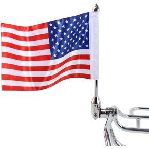 Fold Down Motorcycle Flagpole Mount for Harley Road King Touring Spring Honda Goldwing fit 1/2 Luggage Rack Chrome Flagpole and Red Line American flag