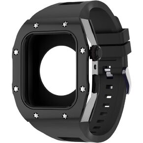 Stainless Steel Case Silicone Watch Band Mod Kit Compatible with Apple Watch 45mm, Replacement Case Bezel Buckle with Black Strap Protective Set for iWatch Series 9/8/7