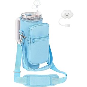 Water Bottle Carrier Bag with Pouch for Stanley 30 oz Tumbler with Handle, Neoprene Water Bottle Holder Pocket with Adjustable 4.9FT Strap, Bottle Pouch for Stanley Cup Accessories