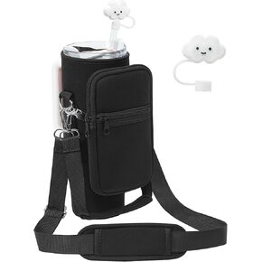 Water Bottle Carrier Bag with Pouch for Stanley 30 oz Tumbler with Handle, Neoprene Water Bottle Holder Pocket with Adjustable 4.9FT Strap, Bottle Pouch for Stanley Cup Accessories