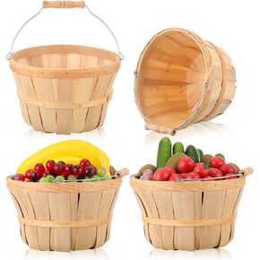 4 Pcs 6 Inch Tall by 9.5 Inch Diameter Round Wooden Baskets, Harvest Basket Garden Basket Food Service Display Baskets Wood Fruit Buckets with Handle for Party Favors Storage Organizing (Dark Brown)