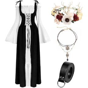 Renaissance Dresses Medieval Costume for Women Flower Crown Elf Ear Choker Necklace Leather Belt Fairy