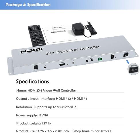 وحدة تحكم حائط فيديو HDMI 3x4، وحدة تحكم جدار تلفزيون HDMI 1.4، 1 مدخل HDMI 12 جدار فيديو تلفزيوني مخرج، 2x2,3x4، 4x3,1x4,2x4، 2x5 26 وضع توصيل، جهاز تحكم عن بعد وRS232، مع وظيفة الصوت والذاكرة in Kuwait