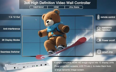 وحدة تحكم حائط فيديو HDMI 3x4، وحدة تحكم جدار تلفزيون HDMI 1.4، 1 مدخل HDMI 12 جدار فيديو تلفزيوني مخرج، 2x2,3x4، 4x3,1x4,2x4، 2x5 26 وضع توصيل، جهاز تحكم عن بعد وRS232، مع وظيفة الصوت والذاكرة in Kuwait