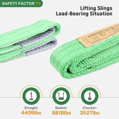 Green Lifting Slings Straps Polyester Web Slings, Lift Sling Straps 6.5 FtX2 in, Polyester Lifting Sling Tow Strap Flat Eye & Eye 2PLY Straight 4409 LBS Basket 8818 LBS Choker 3527 LBS in Kuwait