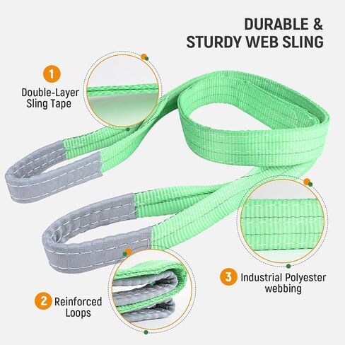 Green Lifting Slings Straps Polyester Web Slings, Lift Sling Straps 6.5 FtX2 in, Polyester Lifting Sling Tow Strap Flat Eye & Eye 2PLY Straight 4409 LBS Basket 8818 LBS Choker 3527 LBS in Kuwait