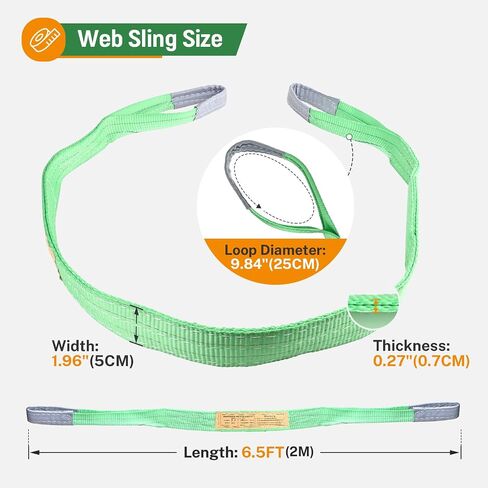 Green Lifting Slings Straps Polyester Web Slings, Lift Sling Straps 6.5 FtX2 in, Polyester Lifting Sling Tow Strap Flat Eye & Eye 2PLY Straight 4409 LBS Basket 8818 LBS Choker 3527 LBS in Kuwait