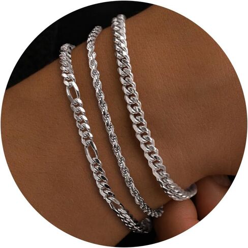 925 Sterling Silver Bracelets for Men, Dainty Rope/Figaro/Cuban Link Silver Chain Bracelet for Men Women Silver Jewelry Gift 6.5-9 inch in Saudi Arabia