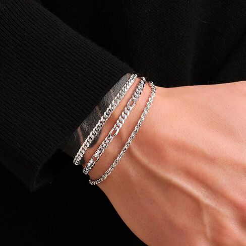 925 Sterling Silver Bracelets for Men, Dainty Rope/Figaro/Cuban Link Silver Chain Bracelet for Men Women Silver Jewelry Gift 6.5-9 inch in Saudi Arabia