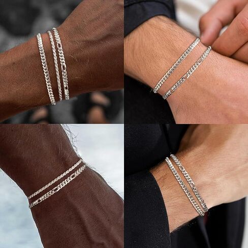 925 Sterling Silver Bracelets for Men, Dainty Rope/Figaro/Cuban Link Silver Chain Bracelet for Men Women Silver Jewelry Gift 6.5-9 inch in Saudi Arabia