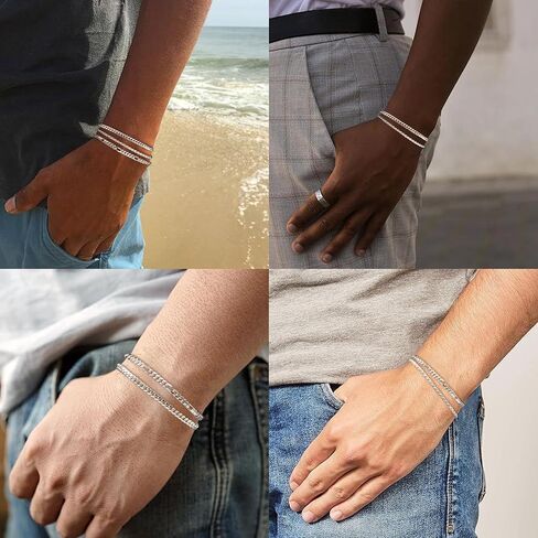 925 Sterling Silver Bracelets for Men, Dainty Rope/Figaro/Cuban Link Silver Chain Bracelet for Men Women Silver Jewelry Gift 6.5-9 inch in Saudi Arabia