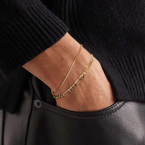 Mens Bracelet - Gold Bracelets for Men 2pcs Men's Bracelets Set with Box & Cuban Link Available in Various Lengths (6.5/7/7.5/8/8.5/9 Inch) Gold Bracelet for Men Gold Cuban Link Chain for Mens Jewelry Gift in Saudi Arabia