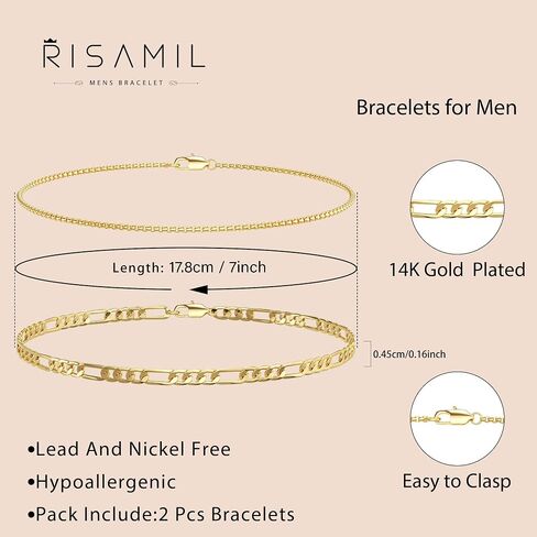 Mens Bracelet - Gold Bracelets for Men 2pcs Men's Bracelets Set with Box & Cuban Link Available in Various Lengths (6.5/7/7.5/8/8.5/9 Inch) Gold Bracelet for Men Gold Cuban Link Chain for Mens Jewelry Gift in Saudi Arabia
