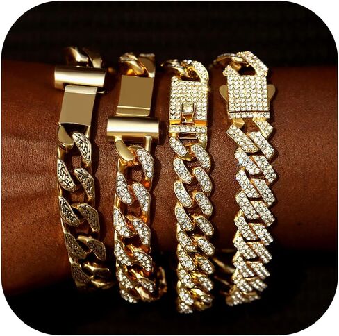4PCS 18K Gold Silver Bracelets for men Women, Cuban Link Chain Bracelet Set for Men Women, Silver Diamond Bracelet Pack for Mens Jewelry Gift in Saudi Arabia