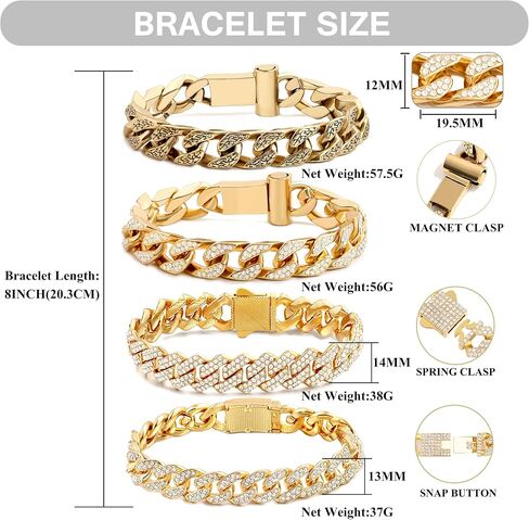 4PCS 18K Gold Silver Bracelets for men Women, Cuban Link Chain Bracelet Set for Men Women, Silver Diamond Bracelet Pack for Mens Jewelry Gift in Saudi Arabia