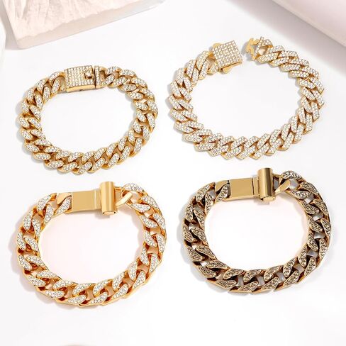 4PCS 18K Gold Silver Bracelets for men Women, Cuban Link Chain Bracelet Set for Men Women, Silver Diamond Bracelet Pack for Mens Jewelry Gift in Saudi Arabia