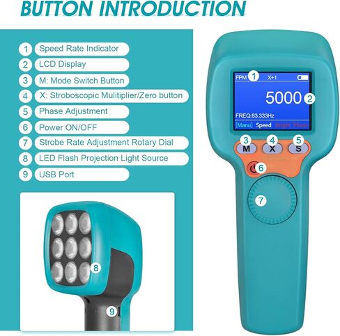 ستروبوسكوب، مقياس سرعة الدوران ستروب محمول قابل لإعادة الشحن، عداد سرعة فلاش LED قابل لإعادة الشحن مع قياس واسع 60-999999 دورة في الدقيقة، قرص ضبط 360 درجة، شاشة LCD ملونة لنظام التدفئة والتهوية وتكييف الهواء، المحرك، اختبار سرعة المحرك in Kuwait