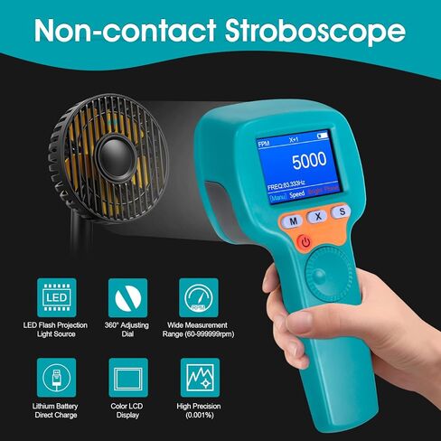 ستروبوسكوب، مقياس سرعة الدوران ستروب محمول قابل لإعادة الشحن، عداد سرعة فلاش LED قابل لإعادة الشحن مع قياس واسع 60-999999 دورة في الدقيقة، قرص ضبط 360 درجة، شاشة LCD ملونة لنظام التدفئة والتهوية وتكييف الهواء، المحرك، اختبار سرعة المحرك in Kuwait