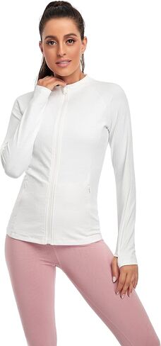 Women's Full Zip Running Track Jacket Lightweight Shirt Sportwear with Pocket for Workout Yoga Hiking with Thumb Holes in Saudi Arabia