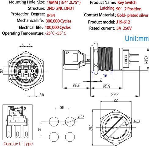 19MM Key Switch 2 Position DPDT 2NO 2NC Lock Rotary Stainless Steel with Keys Select Selector Latching Keylock Pull The Key on Both Sides(19MM 2 Position 2NO2NC) in Saudi Arabia