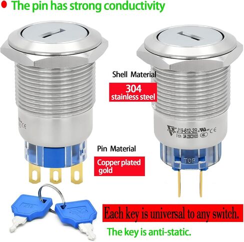 19MM Key Switch 2 Position DPDT 2NO 2NC Lock Rotary Stainless Steel with Keys Select Selector Latching Keylock Pull The Key on Both Sides(19MM 2 Position 2NO2NC) in Saudi Arabia