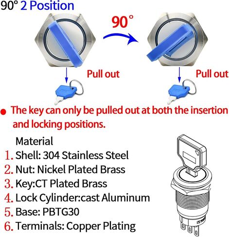 19MM Key Switch 2 Position DPDT 2NO 2NC Lock Rotary Stainless Steel with Keys Select Selector Latching Keylock Pull The Key on Both Sides(19MM 2 Position 2NO2NC) in Saudi Arabia