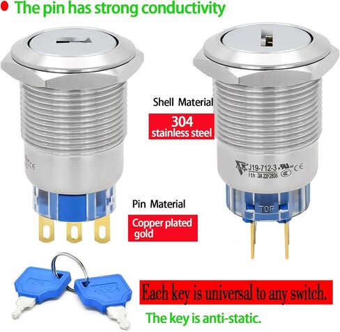 19MM Key Switch 2 Position DPDT 2NO 2NC Lock Rotary Stainless Steel with Keys Select Selector Latching Keylock Pull The Key on Both Sides(19MM 2 Position 2NO2NC) in Saudi Arabia