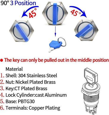 19MM Key Switch 2 Position DPDT 2NO 2NC Lock Rotary Stainless Steel with Keys Select Selector Latching Keylock Pull The Key on Both Sides(19MM 2 Position 2NO2NC) in Saudi Arabia