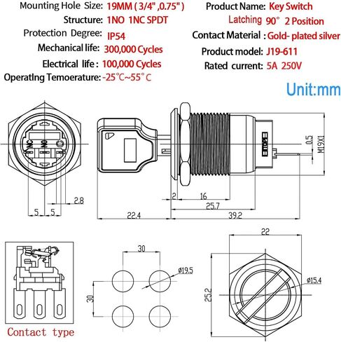 19MM Key Switch 2 Position DPDT 2NO 2NC Lock Rotary Stainless Steel with Keys Select Selector Latching Keylock Pull The Key on Both Sides(19MM 2 Position 2NO2NC) in Saudi Arabia