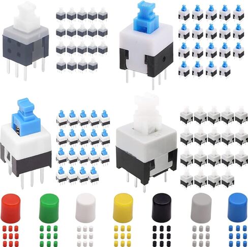 80Pcs Self Locking Mini Button DPDT Button Switch Kit(8.5x8.5mm 8X8mm 7X7mm 5.8X5.8mm) Self-Locking Power Micro Push Button, with Switch Cap in Saudi Arabia