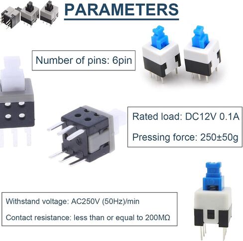 80Pcs Self Locking Mini Button DPDT Button Switch Kit(8.5x8.5mm 8X8mm 7X7mm 5.8X5.8mm) Self-Locking Power Micro Push Button, with Switch Cap in Saudi Arabia