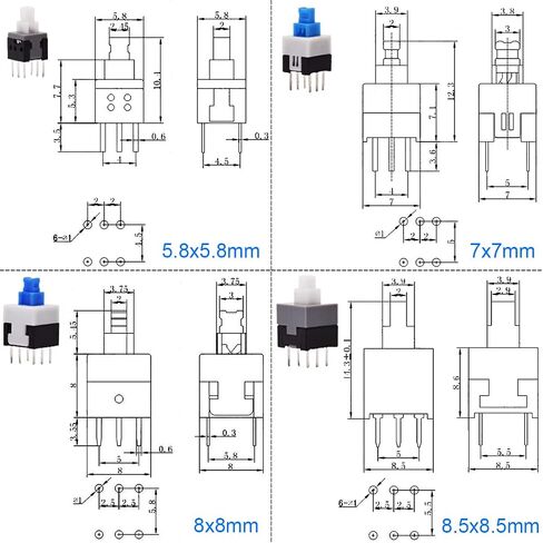 80Pcs Self Locking Mini Button DPDT Button Switch Kit(8.5x8.5mm 8X8mm 7X7mm 5.8X5.8mm) Self-Locking Power Micro Push Button, with Switch Cap in Saudi Arabia