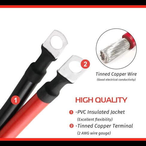 2 AWG 2 مقاييس أحمر + أسود من النحاس النقي كابلات عاكس البطارية 12 بوصة 1FT كابلات عاكس البطارية مع عروات 3/8 بوصة على كلا الطرفين للطاقة الشمسية، RV، السيارة، القارب، السيارات، البحرية in Kuwait