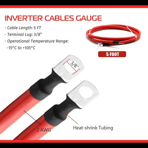 2 AWG 2 مقاييس أحمر + أسود من النحاس النقي كابلات عاكس البطارية 12 بوصة 1FT كابلات عاكس البطارية مع عروات 3/8 بوصة على كلا الطرفين للطاقة الشمسية، RV، السيارة، القارب، السيارات، البحرية in Kuwait