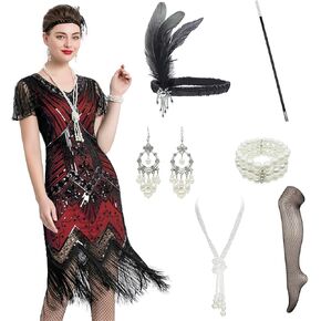 1920s Art Deco Fringed Sequin Dress 20s Flapper Gatsby Costume Dress W/ 20s Accessories Set in Kuwait