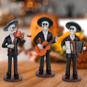 Day of The Dead Figurines Decorations 3Pcs Halloween Skeleton Skull Statue Mariachi Band, Realistic Collectible Folk Musician Players Ornament, Party Festive Indoor Decor (6.5Inch) in Kuwait