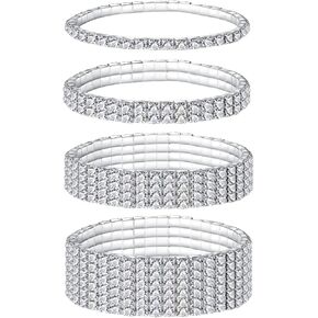4 قطع سوار مطاطي للنساء مرصع بالألماس الاصطناعي - مجموعة أساور تنس فضية لامعة للحفلات الراقصة وحفلات الزفاف والارتداء اليومي in Kuwait
